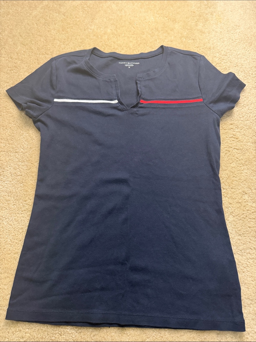 Tommy Hilfiger Navy Short Sleeve Tee with Red & White Chest Trim